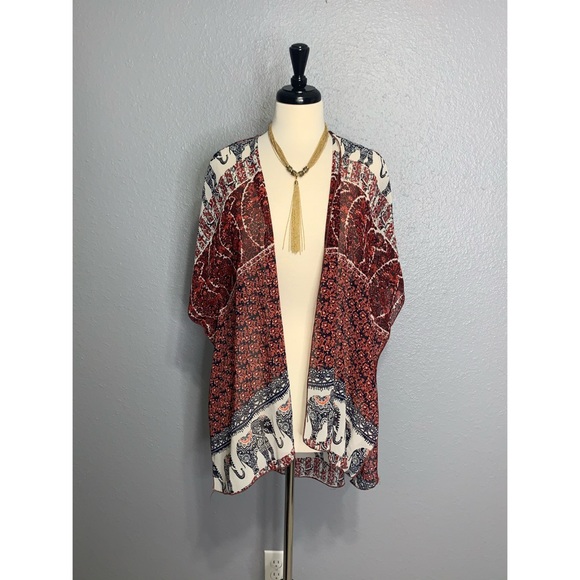 Live 4 Truth Tops - Live 4 Truth Boho Elephant Sheer Kimono Red Blue M